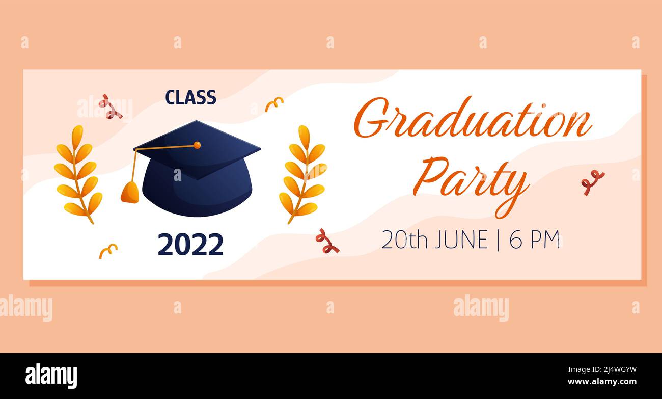 Graduation party horizontal banner invitation with cap and golden ...