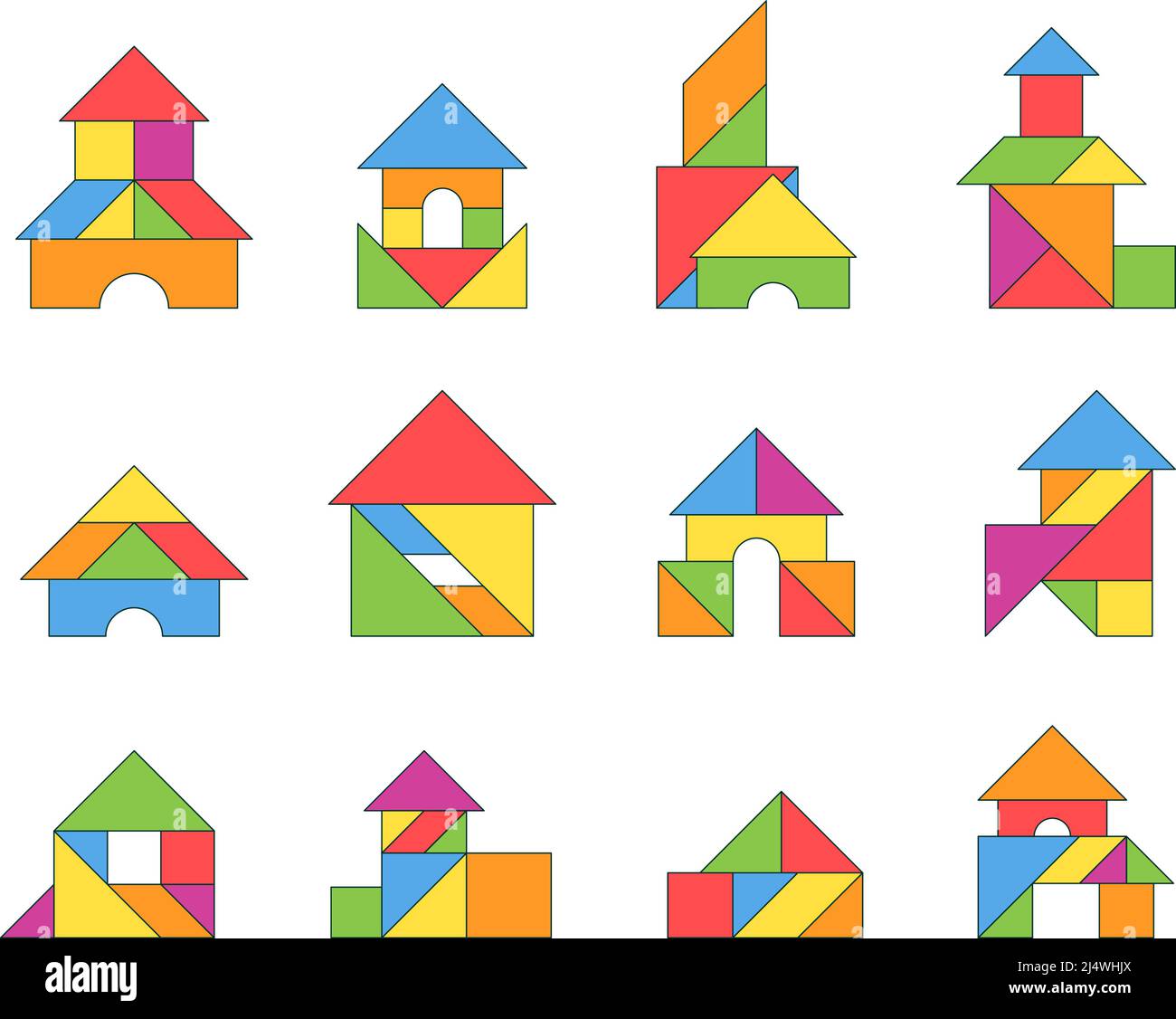 Tangram houses. Geometrical puzzles from triangles forms logical game for kids garish vector stylized buildings Stock Vector