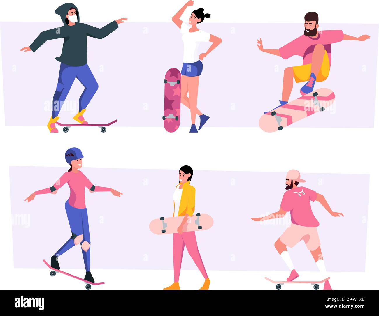 Skateboarding. Teenagers sport people riding on skates and rollers active persons in action poses on longboards garish vector flat illustrations Stock Vector
