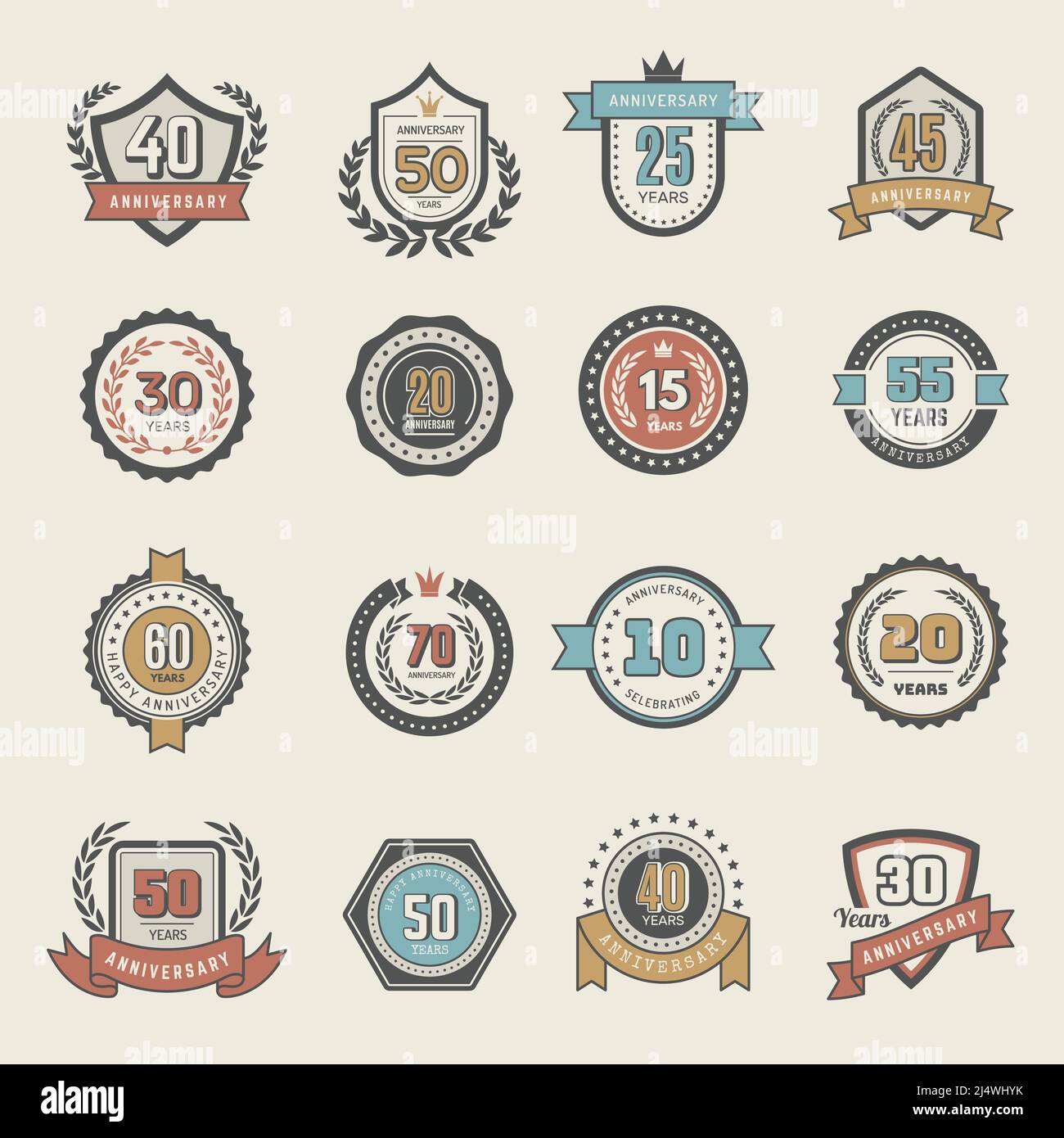 Anniversary dates. Badges with numbers for celebration dates recent vector emblems collection Stock Vector