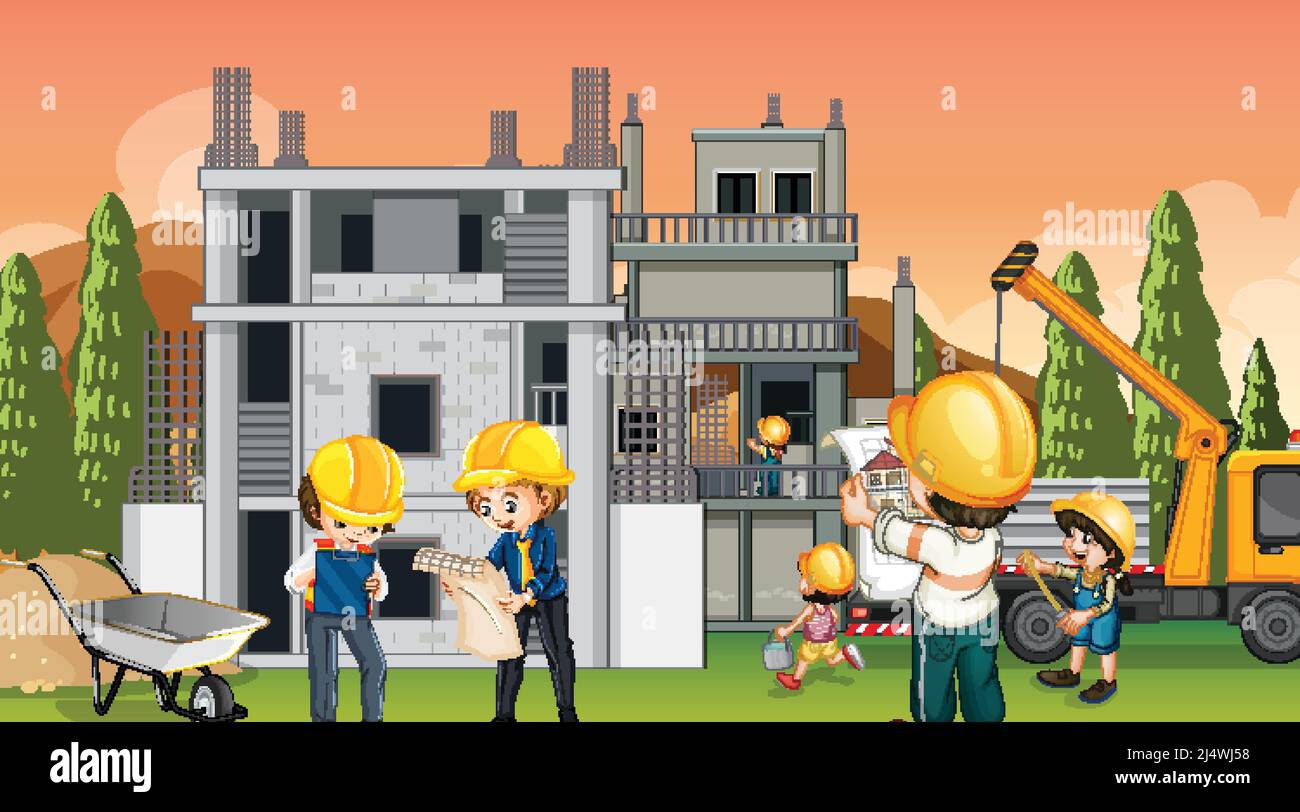Building house construction site and workers illustration Stock Vector ...