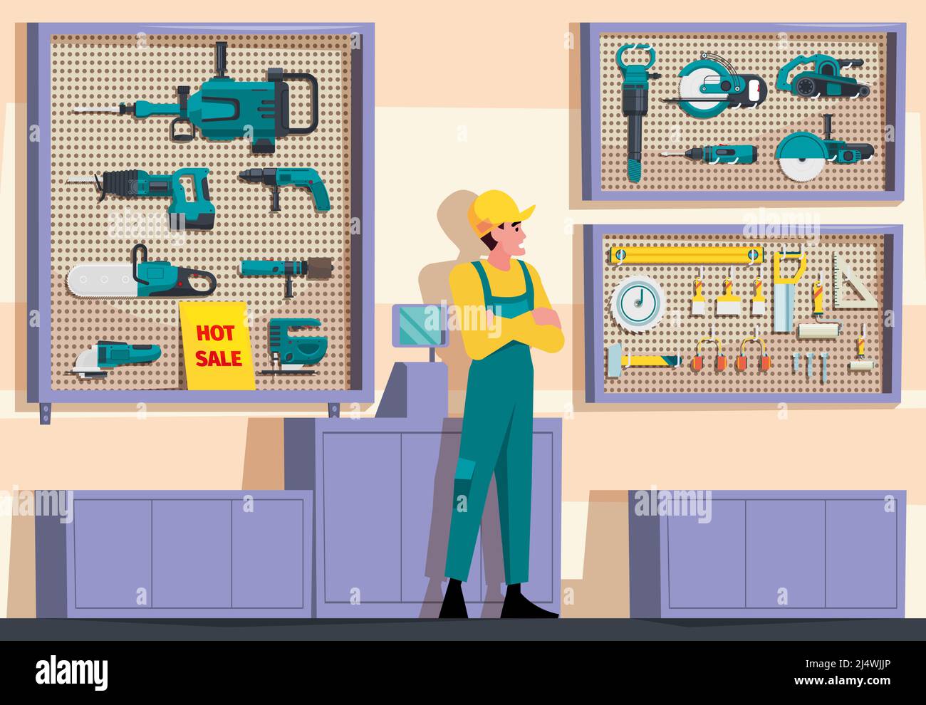 Tools store. Construction items for builders showcase in supermarket