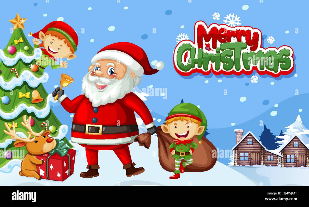 Merry Christmas banner design with Santa Claus and elves illustration ...