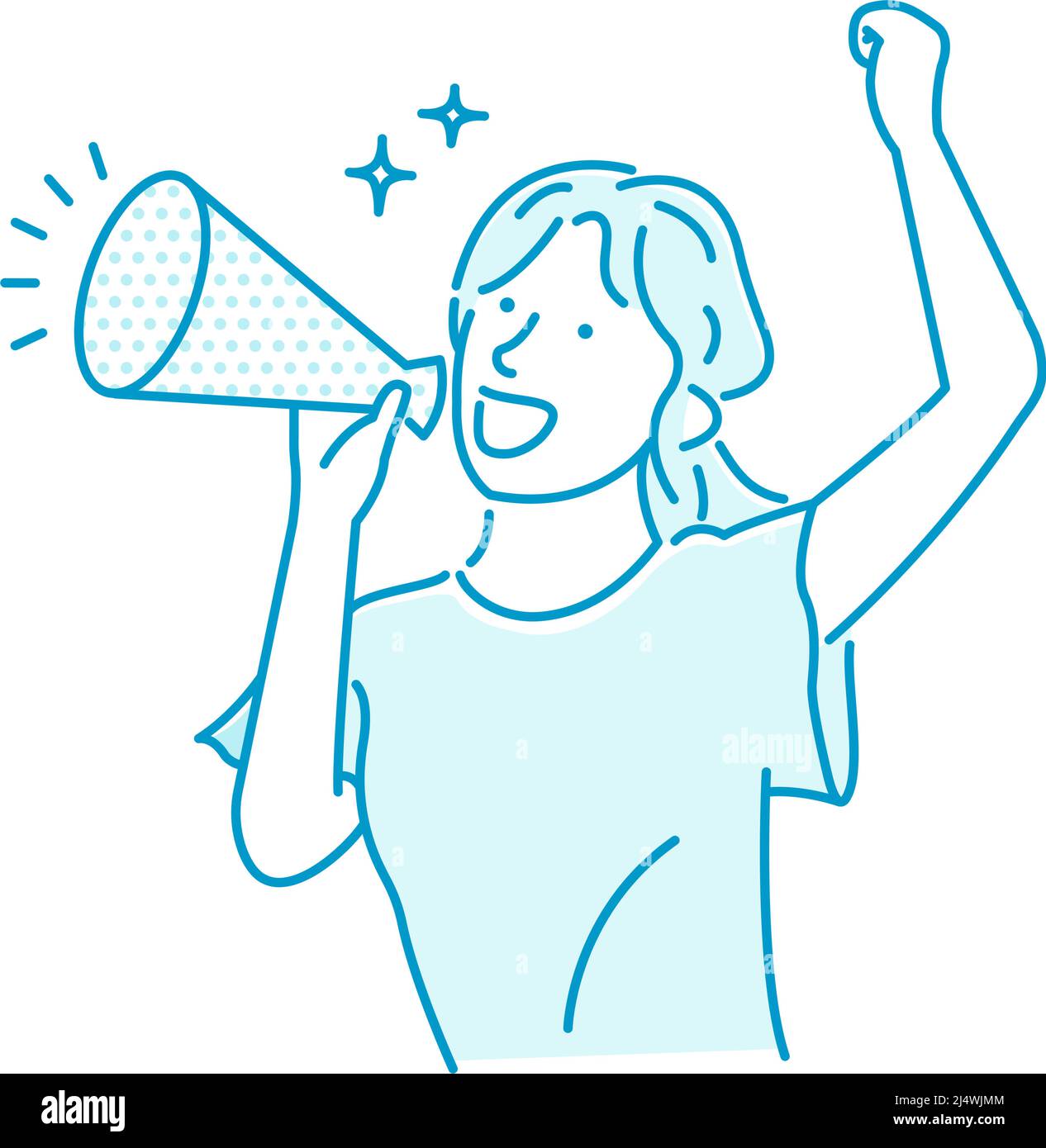 Vector illustration of a young woman making a loud voice using a megaphone Stock Vector