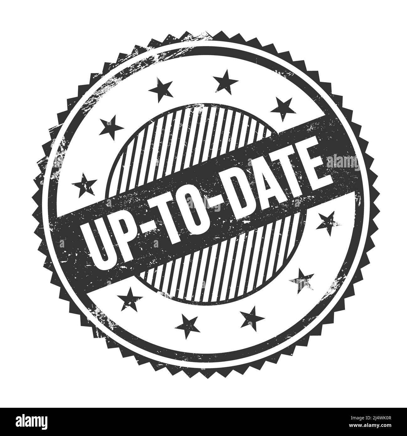 UPTODATE text written on black grungy zig zag borders round stamp