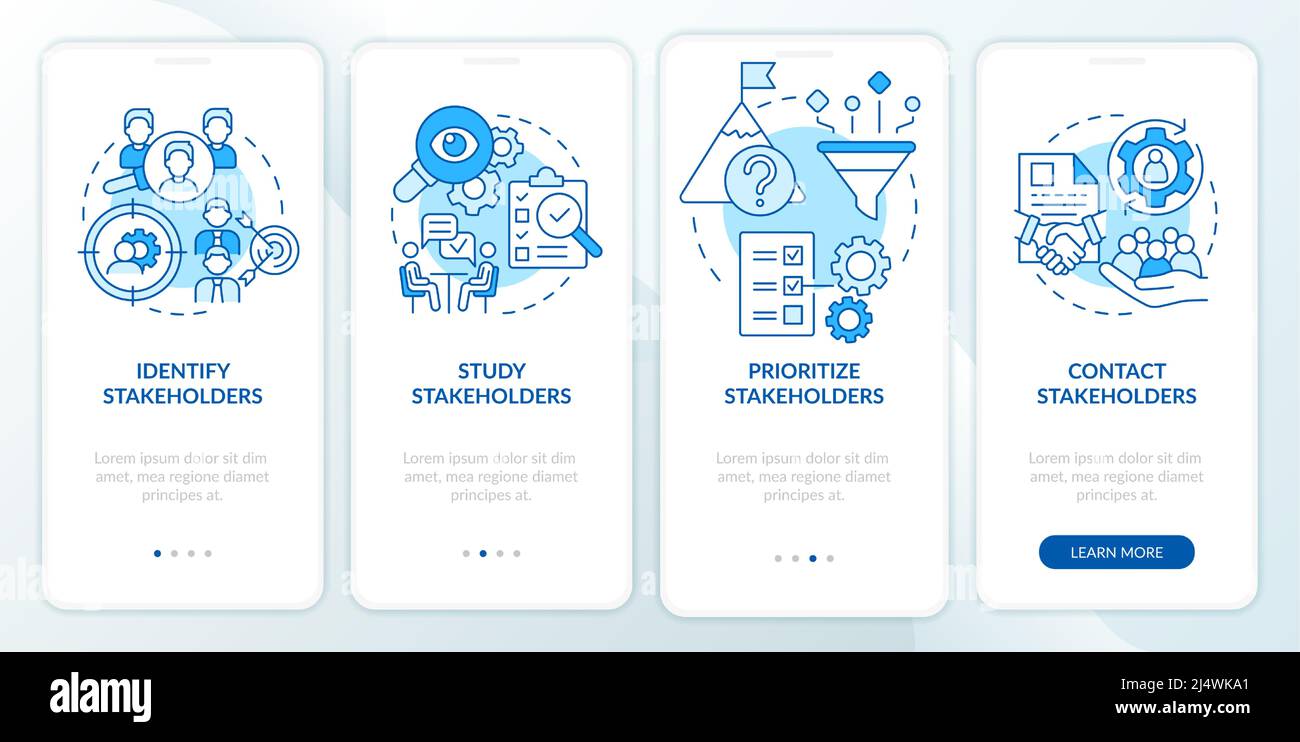 Steps of stakeholder relations blue onboarding mobile app screen Stock ...