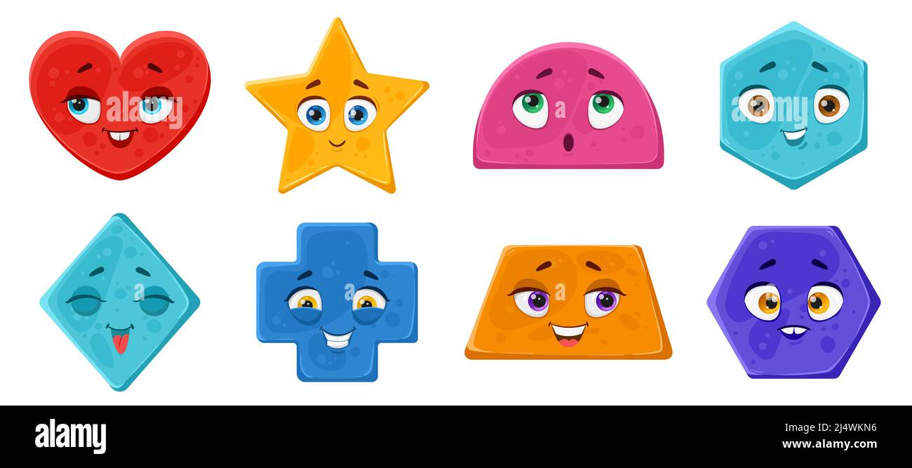 Set of various bright basic geometric shapes with face emotions
