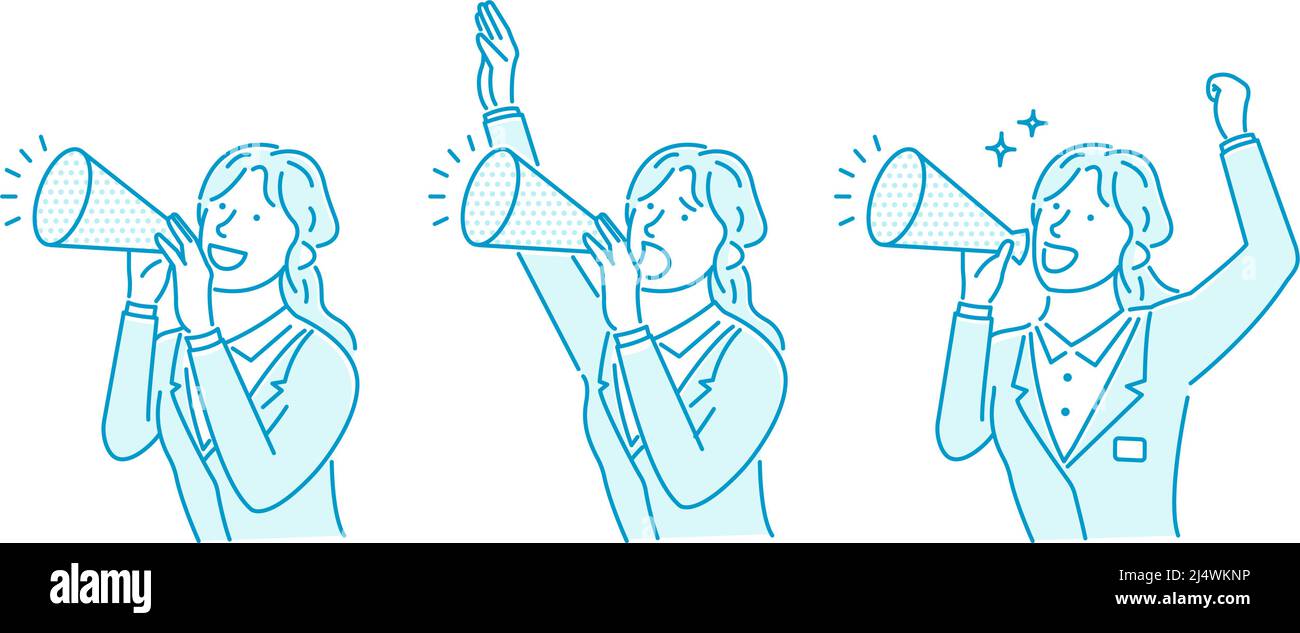 Vector illustration of a young businesswoman making a loud voice using a megaphone Stock Vector