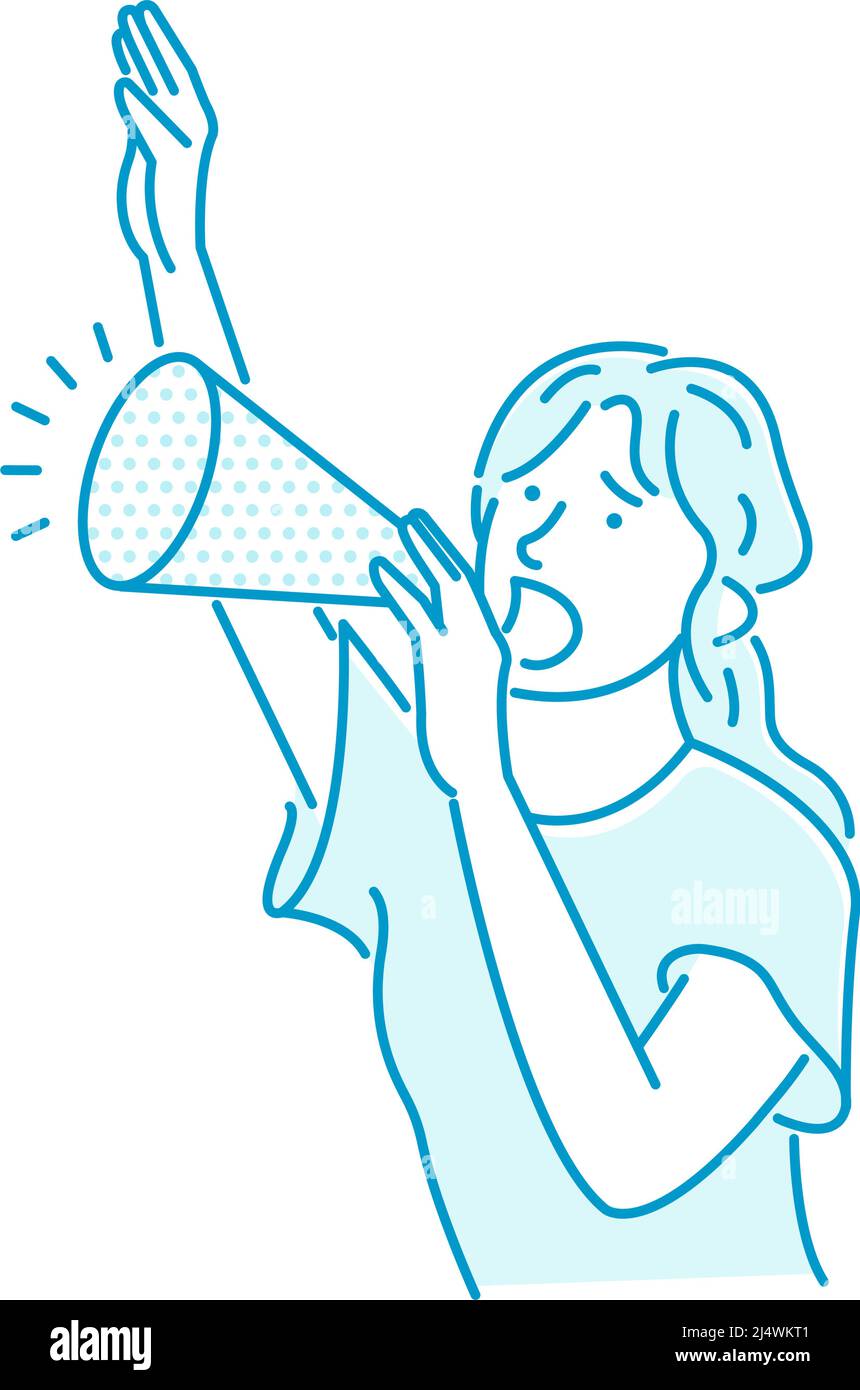 Vector illustration of a young woman making a loud voice using a megaphone Stock Vector