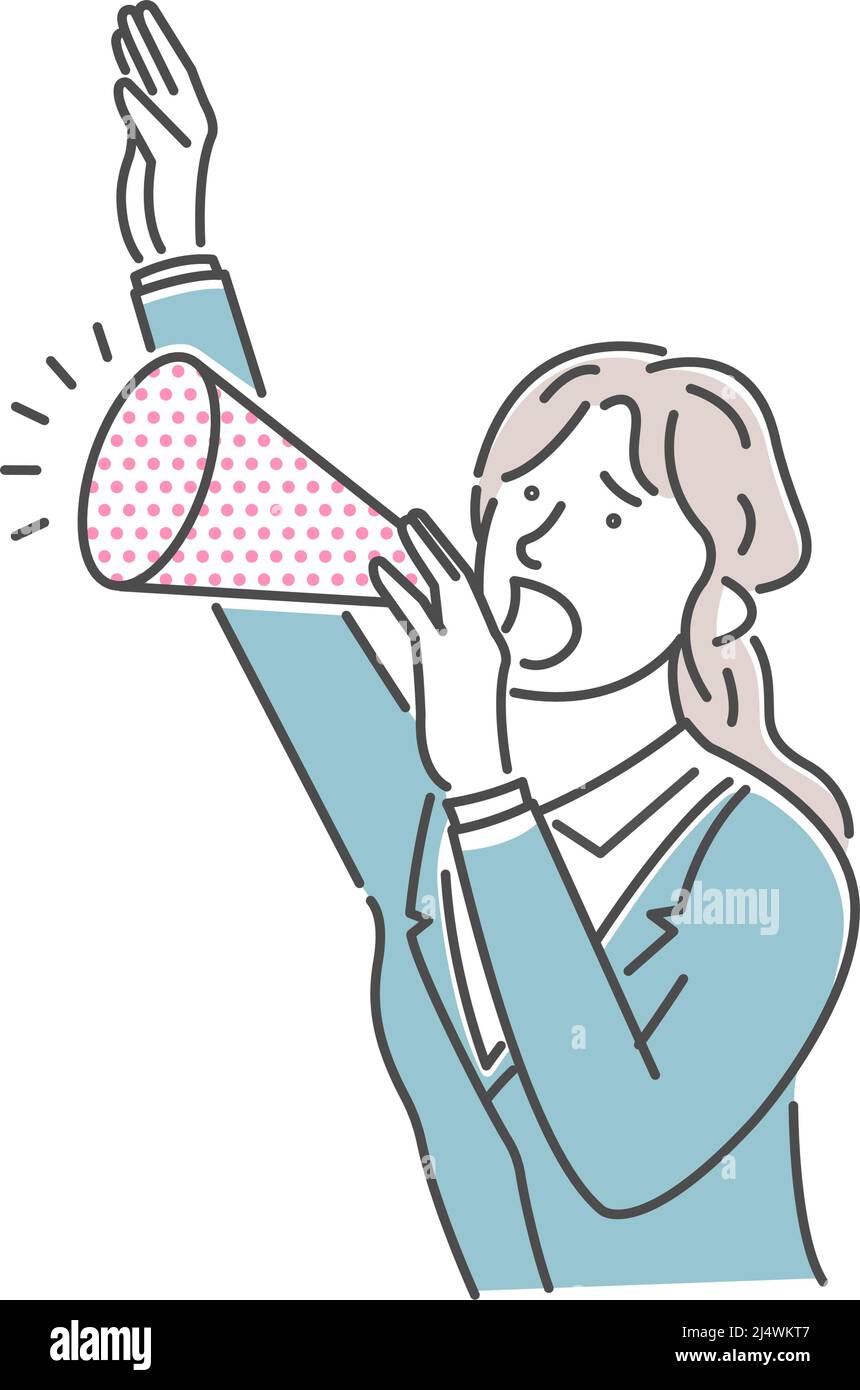 Vector illustration of a young businesswoman making a loud voice using a megaphone Stock Vector