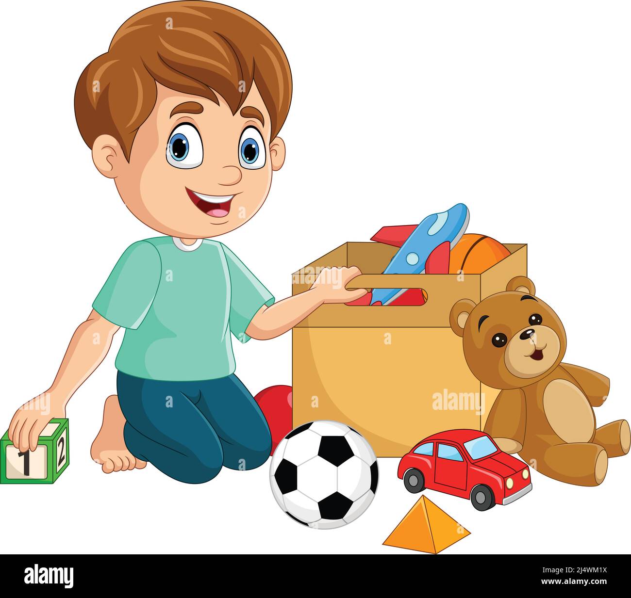Cartoon little boy playing with many toys Stock Vector