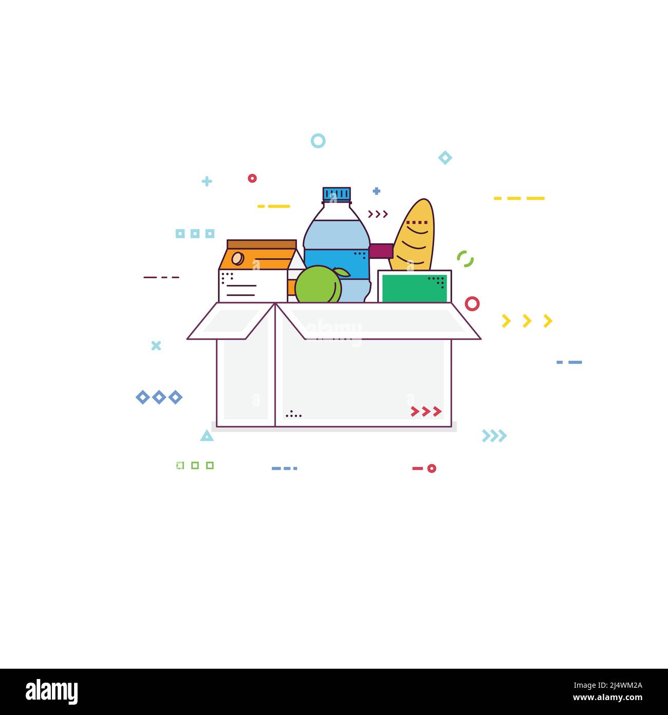 Cardboard box with groceries line style Stock Vector