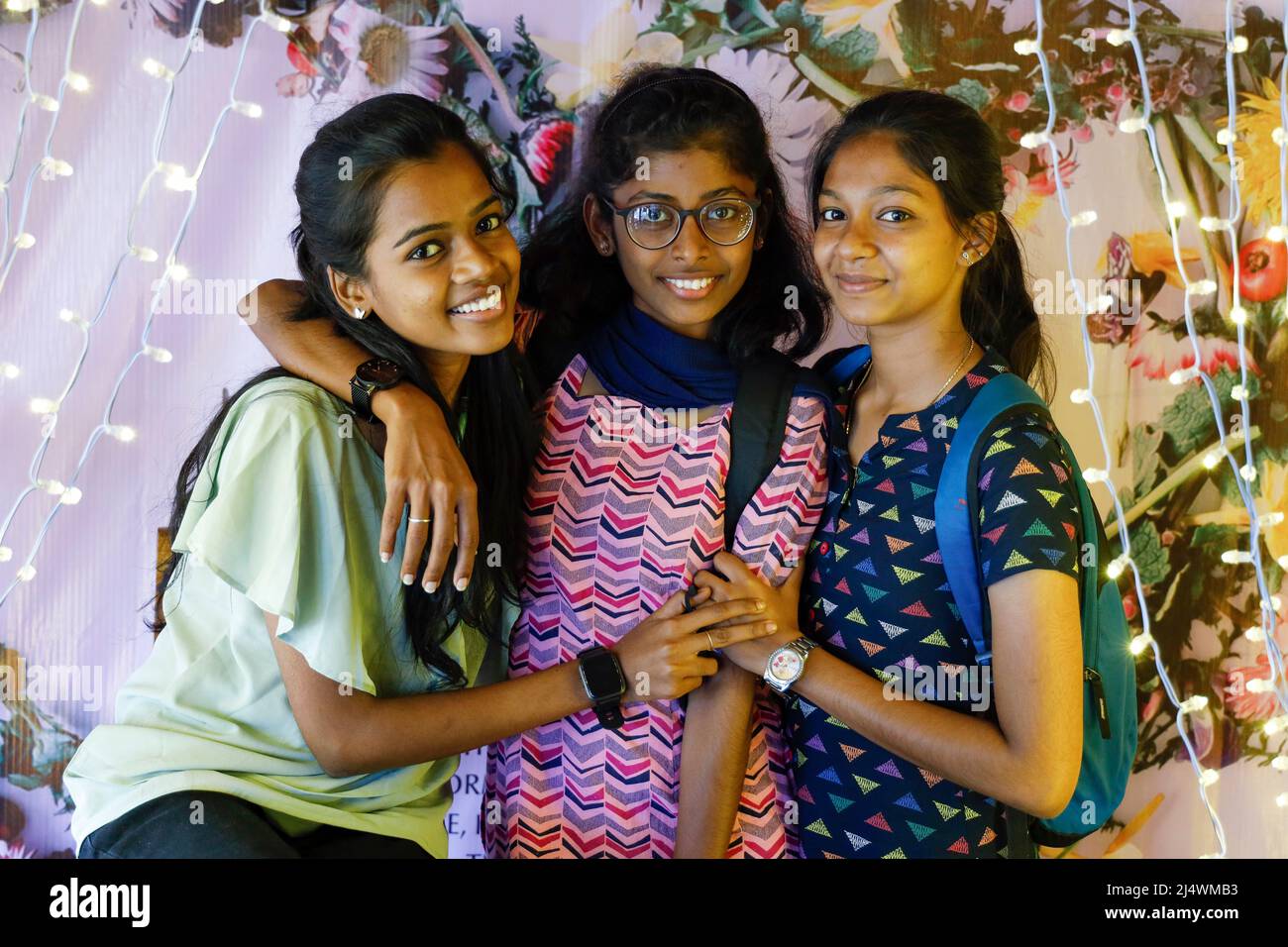 Three teenager pose for a photo in Trichy,Tamil Nadu, India Stock Photo