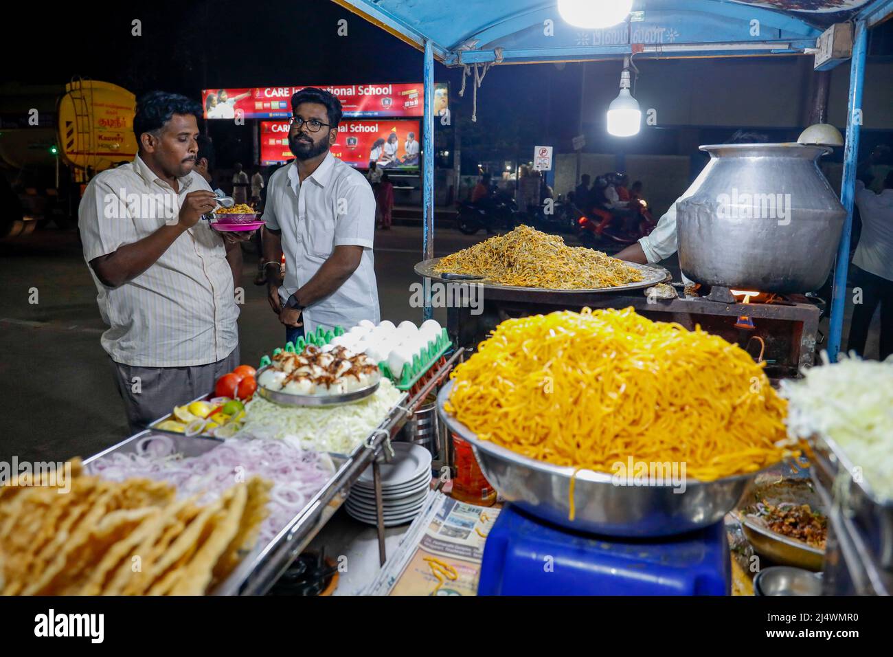 Street food stall selling Atho noodles in Trichy, Tamil Nadu, India