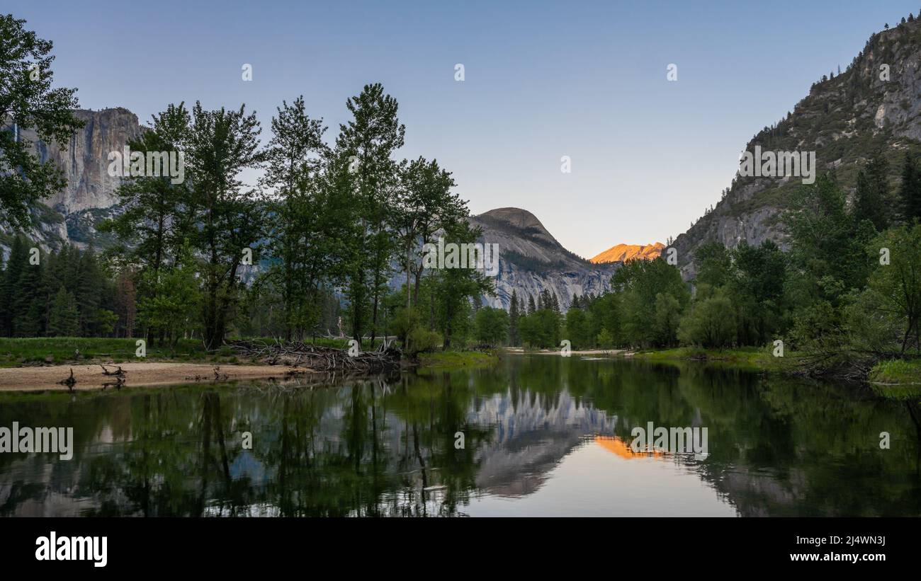 Last Light on Clouds Rest from Sentinel Beach, in Yosemite National Park, near Merced, California. Stock Photo