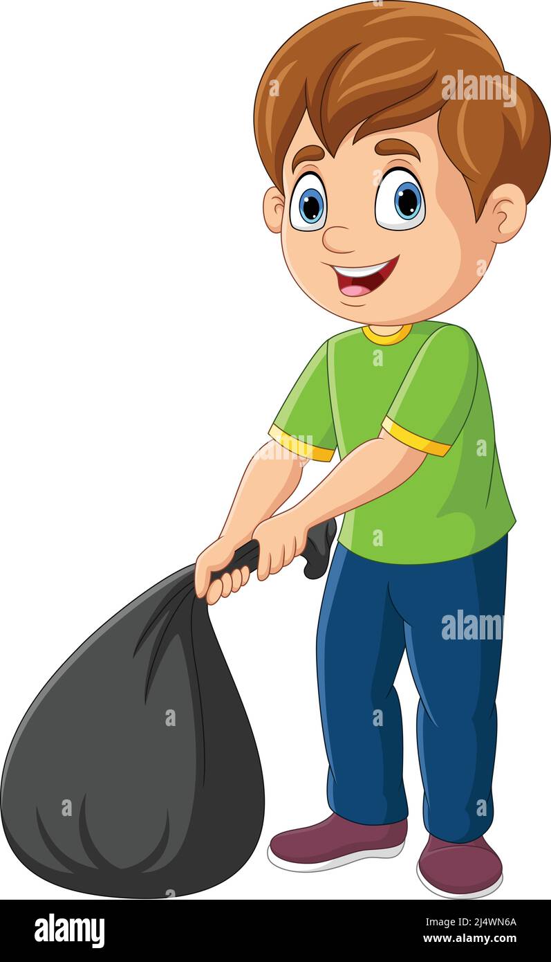 Cartoon little boy holding black plastic bag Stock Vector