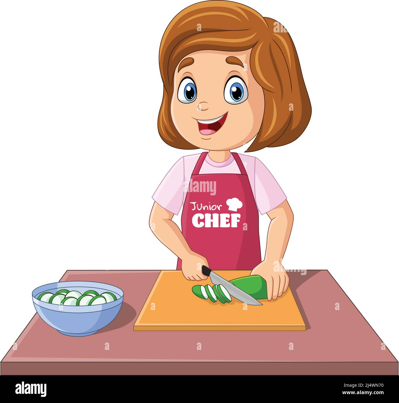 Cartoon chef girl cutting cucumber with board and knife Stock Vector