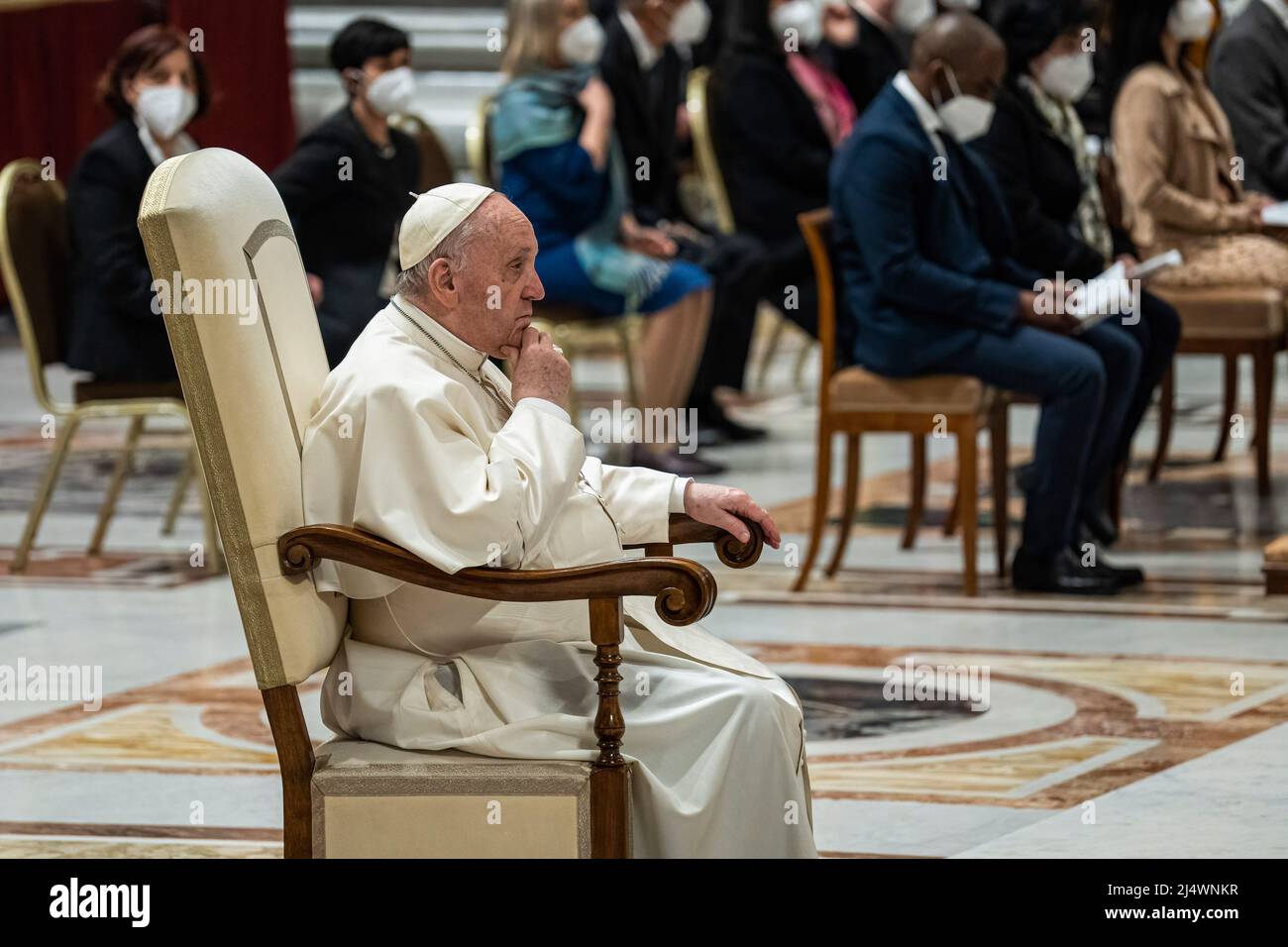 Vatican City, Vatican. 16th Apr, 2022. Pope Francis attends the solemn Easter Vigil ceremony in St. Peter's Basilica in Vatican. Christians around the world are marking the Holy Week, commemorating the crucifixion of Jesus Christ, leading up to his resurrection on Easter. Credit: SOPA Images Limited/Alamy Live News Stock Photo