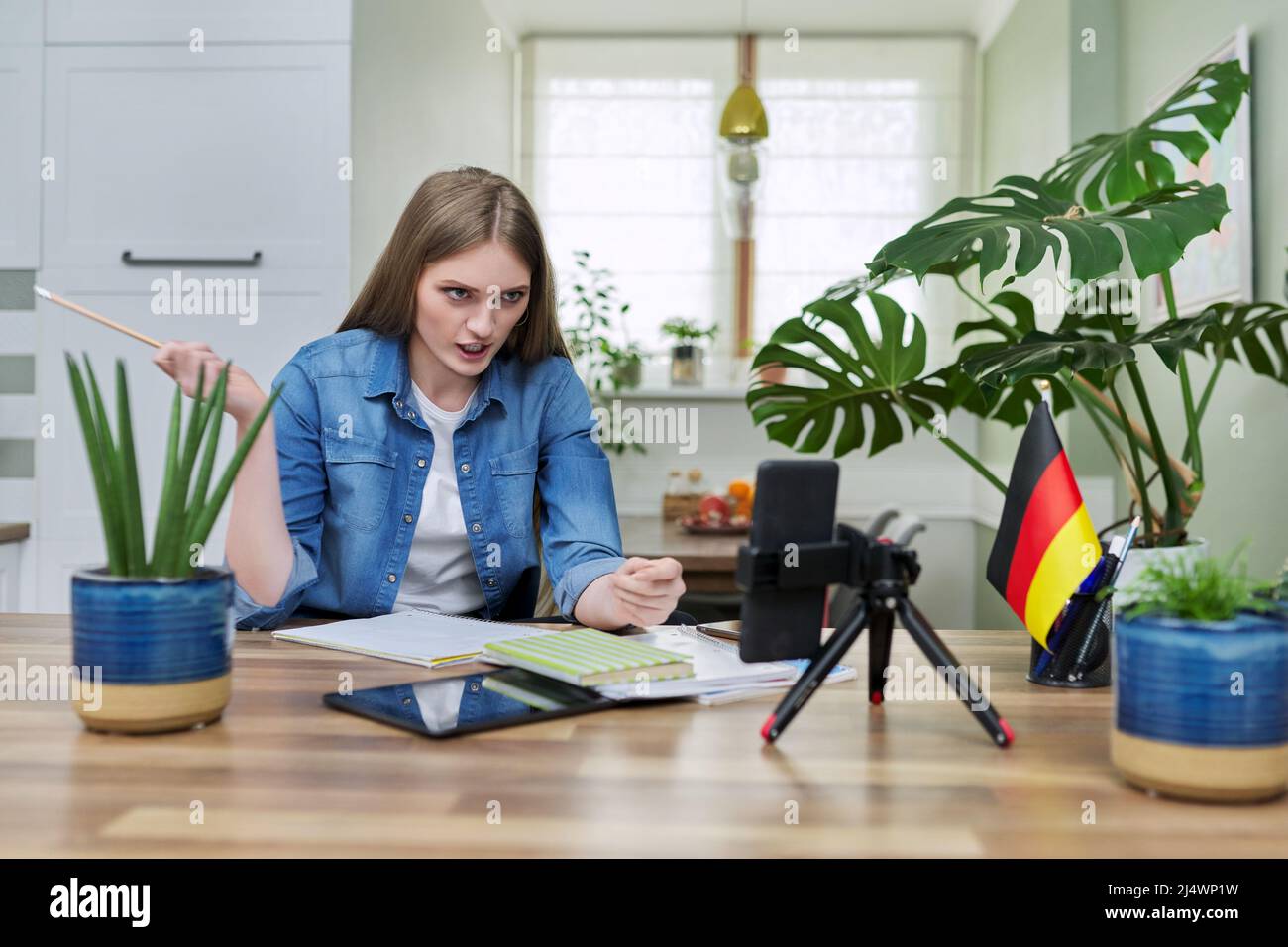 Remote distance learning, online lesson of female student using