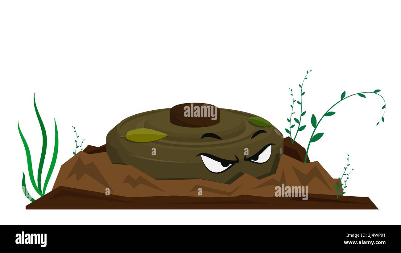 Cartoon Evil weapon combat anti tank mine hide in crack of land. Cartoon vector isolated on white background Stock Vector