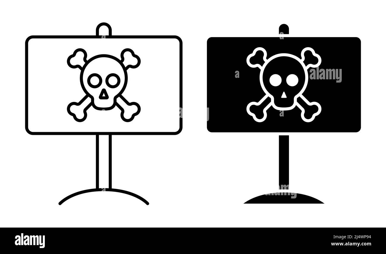 Linear icon, sign plate with skull and crossbones. Hazard symbol, minefield designation. Simple black and white vector isolated on white background Stock Vector