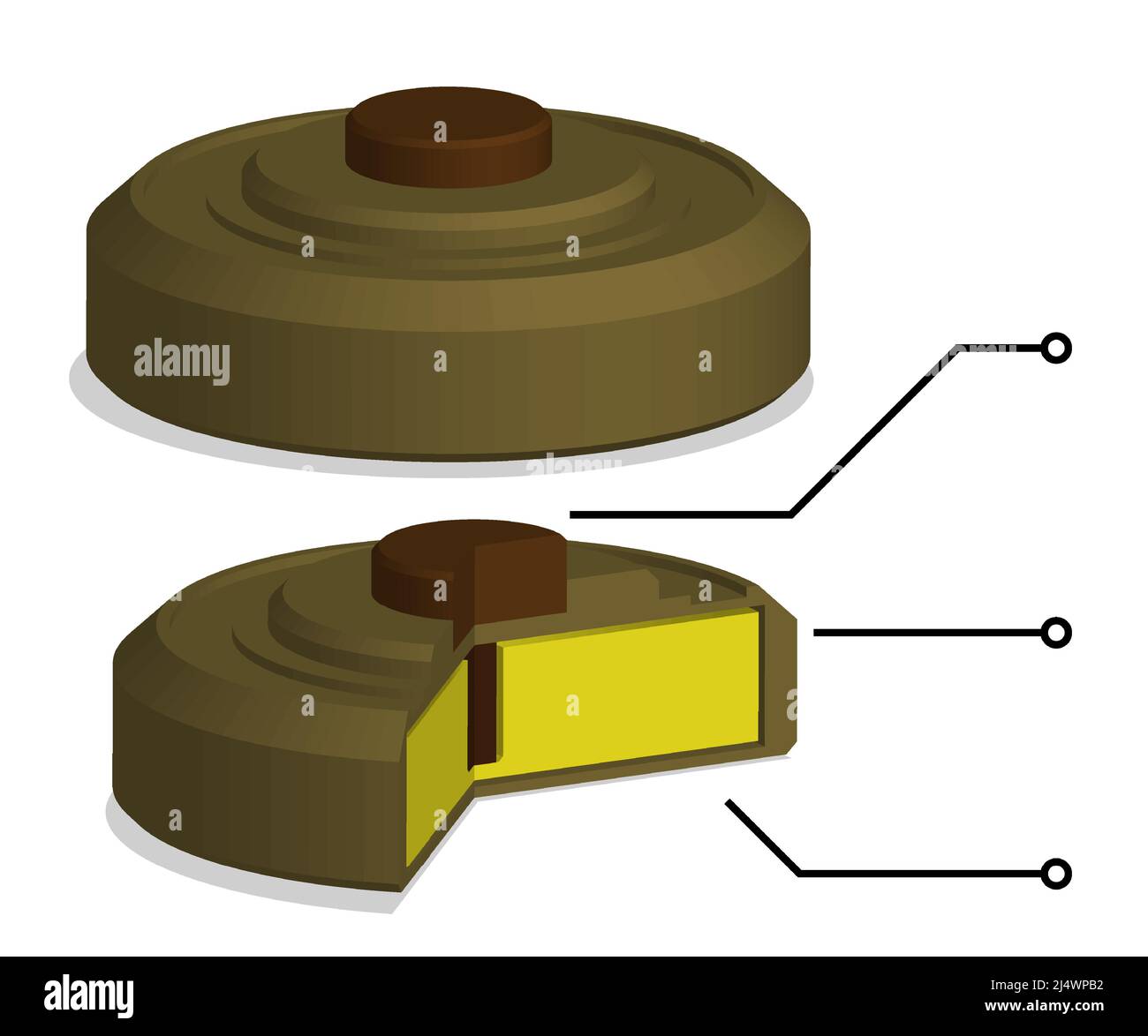 Isometric combat anti tank mine whole and cut. Schematic layout with internal device. Weapons for combating equipment and enemy. Realistic 3D vector i Stock Vector