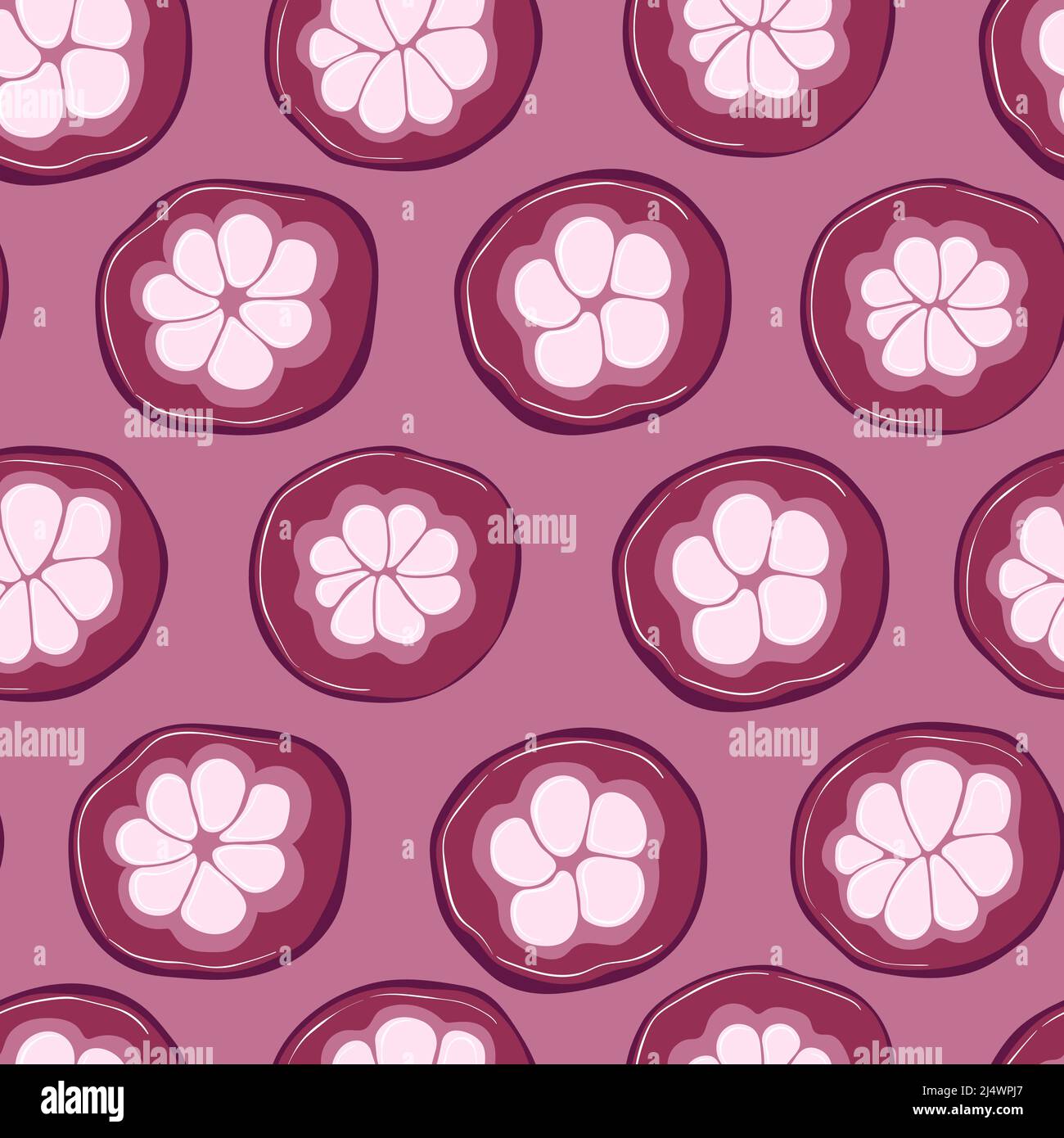 Mangosteen hand drawn seamless pattern background. Vector fruits background. Stock Vector
