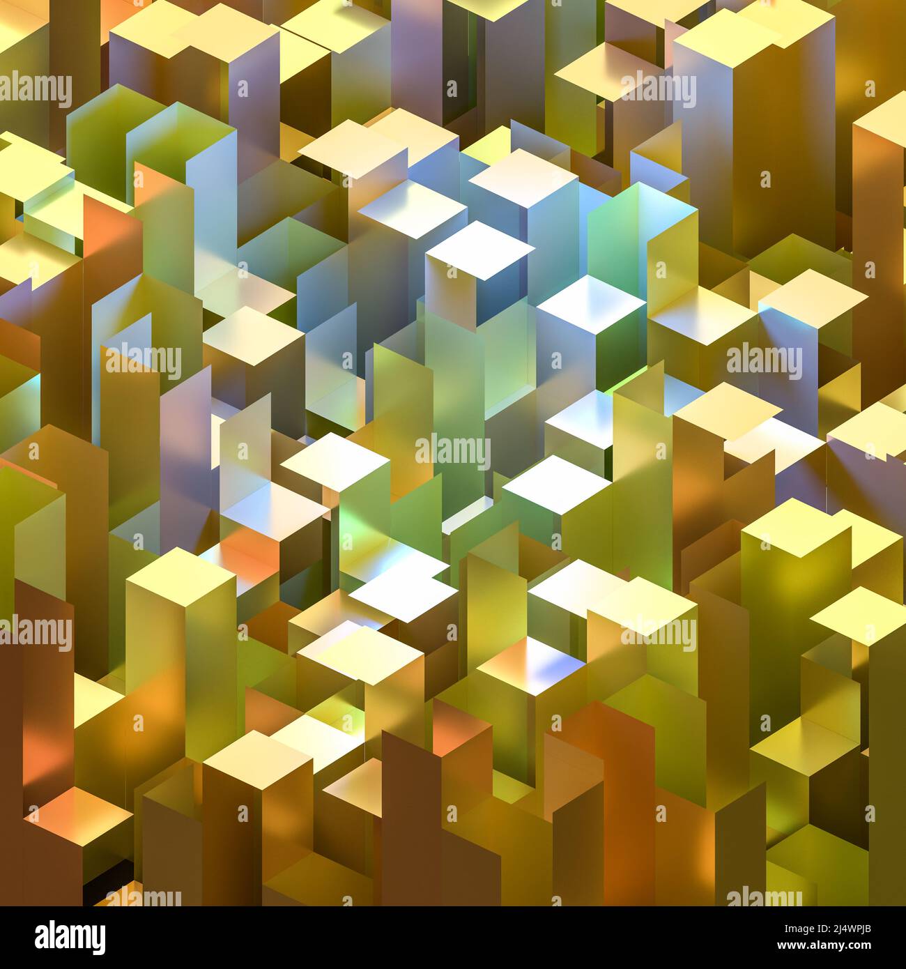 Abstract background of yellow and blue isometric cuboids depicting a cityscape Stock Photo