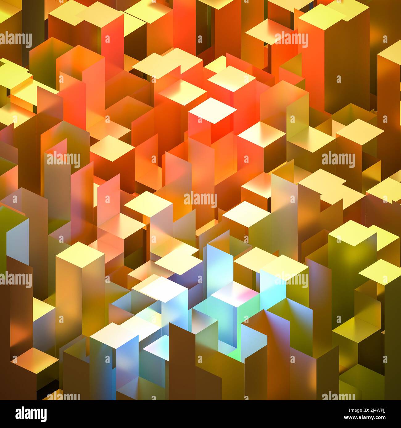 Abstract background of yellow red blue isometric cuboids depicting a cityscape Stock Photo