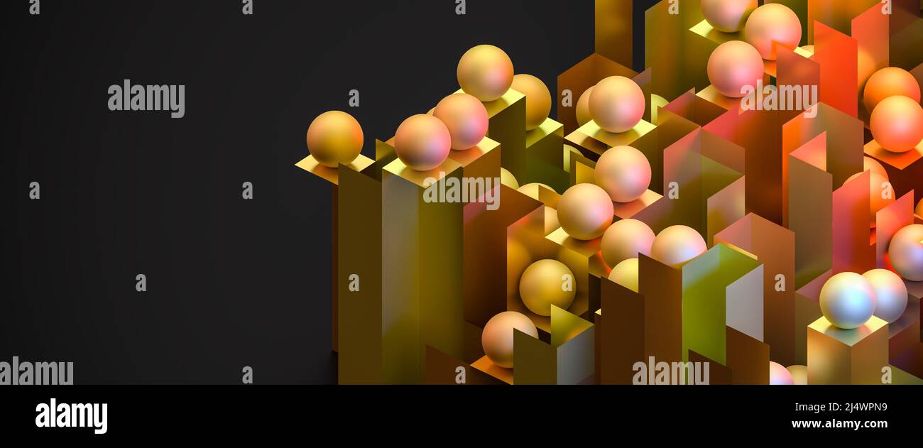 Abstract background of orange red isometric cuboids with spheres on top. Web banner format with copy space Stock Photo