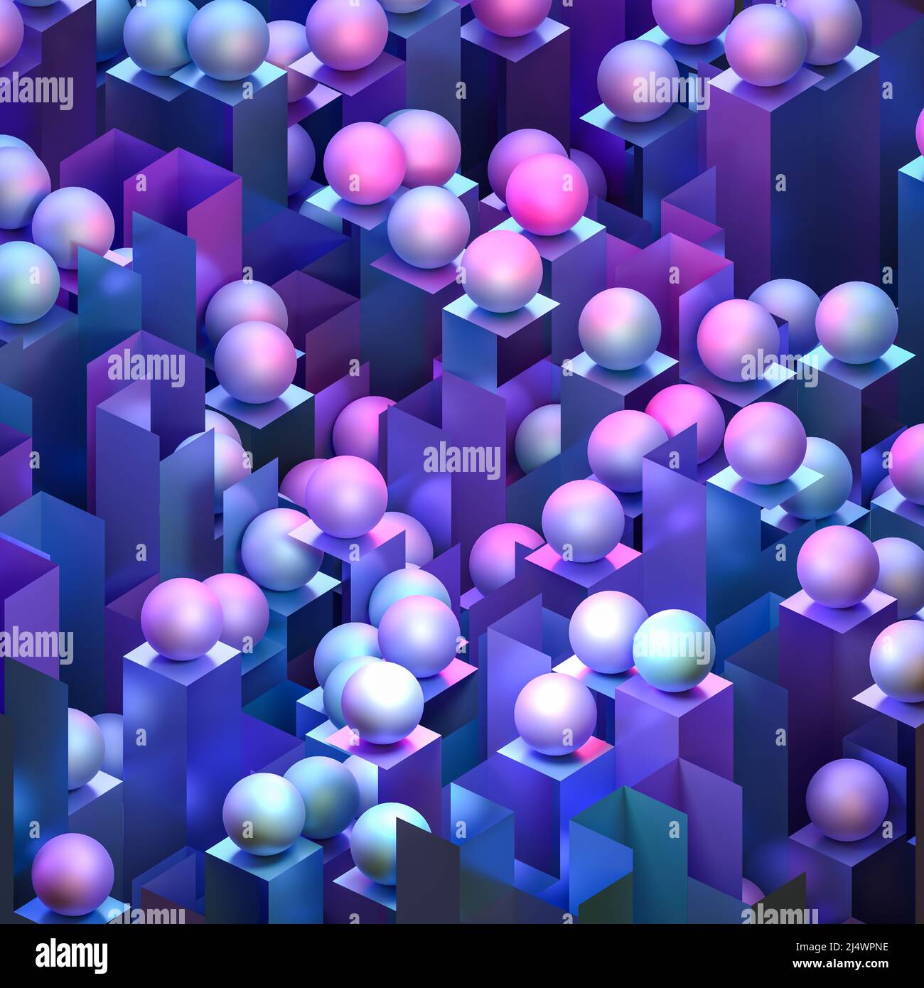 Abstract background of blue isometric cuboids with spheres on top. Stock Photo