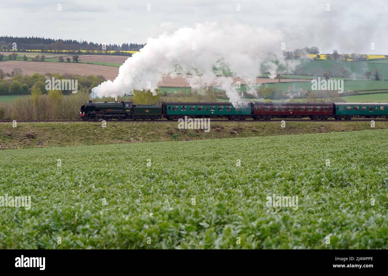 The SR V Schools class steam locomotive Cheltenham makes it's way along the Mid Hants Railway, also known as the Watercress line, near to Ropley in Hampshire. Picture date: Monday April 18, 2022. Stock Photo