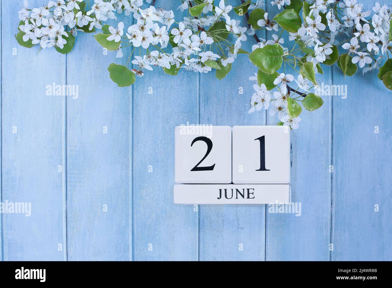Summer Solstice. Beautiful white tree blossoms against a peaceful blue rustic wooden background. June 21st calendar blocks. Image shot from above. Stock Photo