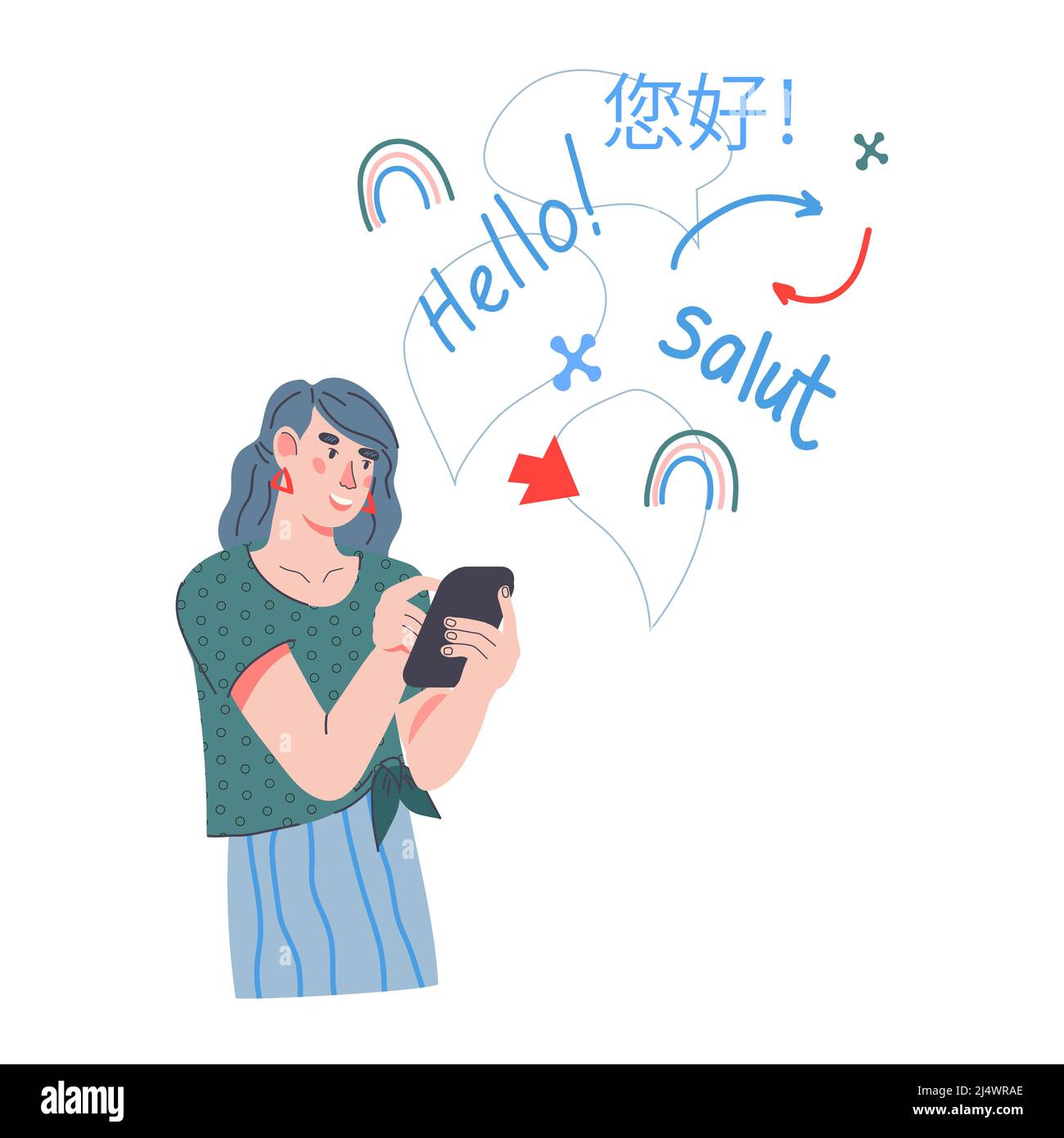 Woman using online language translator or learning app, flat vector