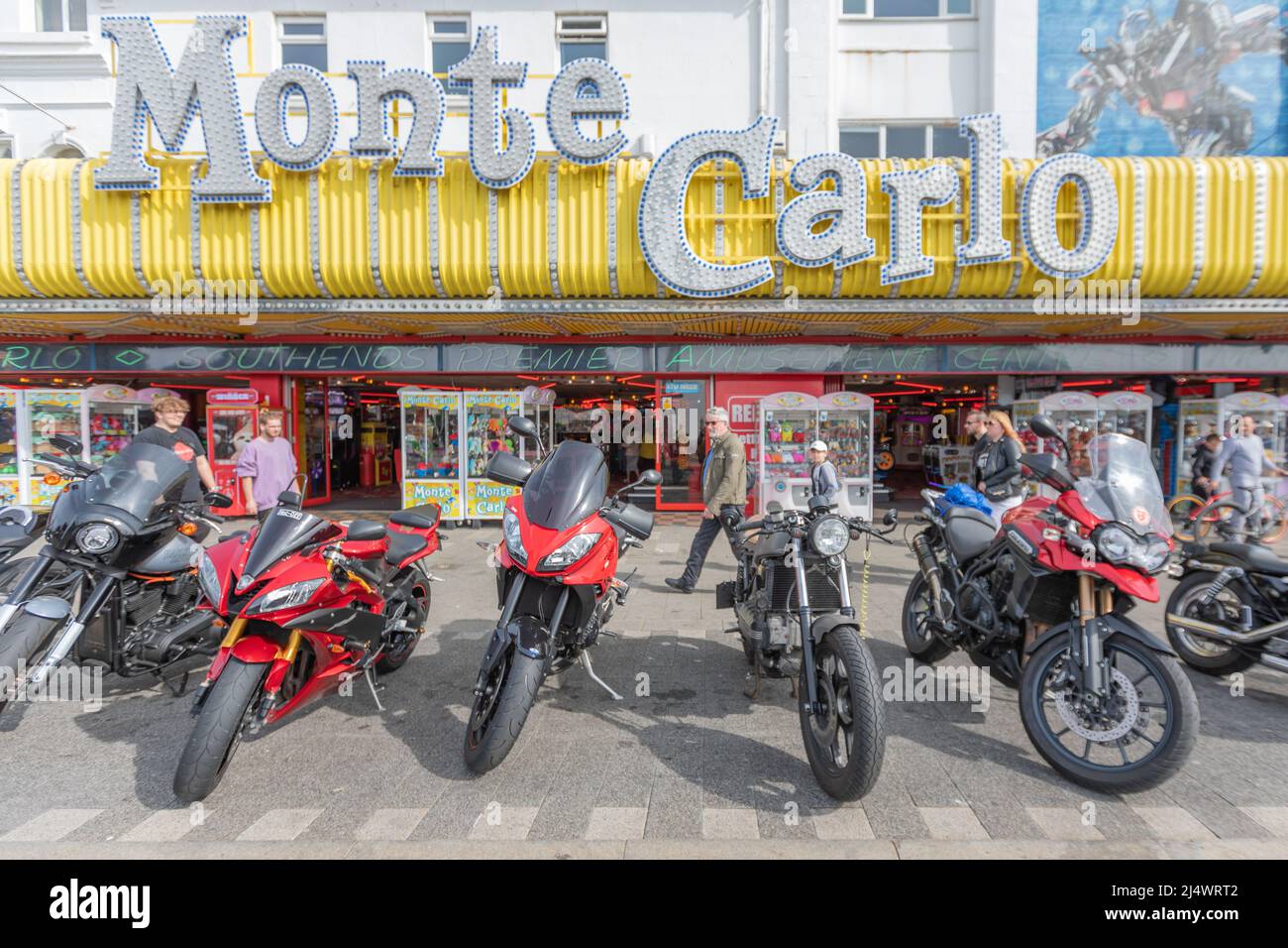 Southend on Sea, UK. 18th Apr, 2022. Motorbikes outside the Monte Carlo amusement arcade. Thousands of motor bikers head into Southend for the annual Easter Monday Shakedown motorbike rally. This is the first time the event has taken place since 2019 due to Covid-19 restrictions. Penelope Barritt/Alamy Live News Stock Photo
