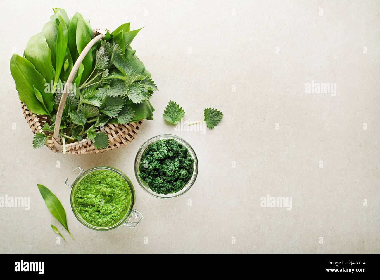 Spring healthy food. Nettle and ramson pesto for healthy meal on grey background Stock Photo