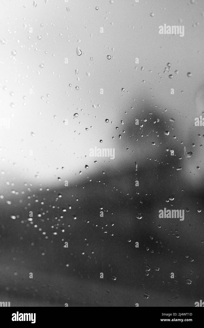 Raindrops on window glass with blur background in black & white Stock Photo  - Alamy