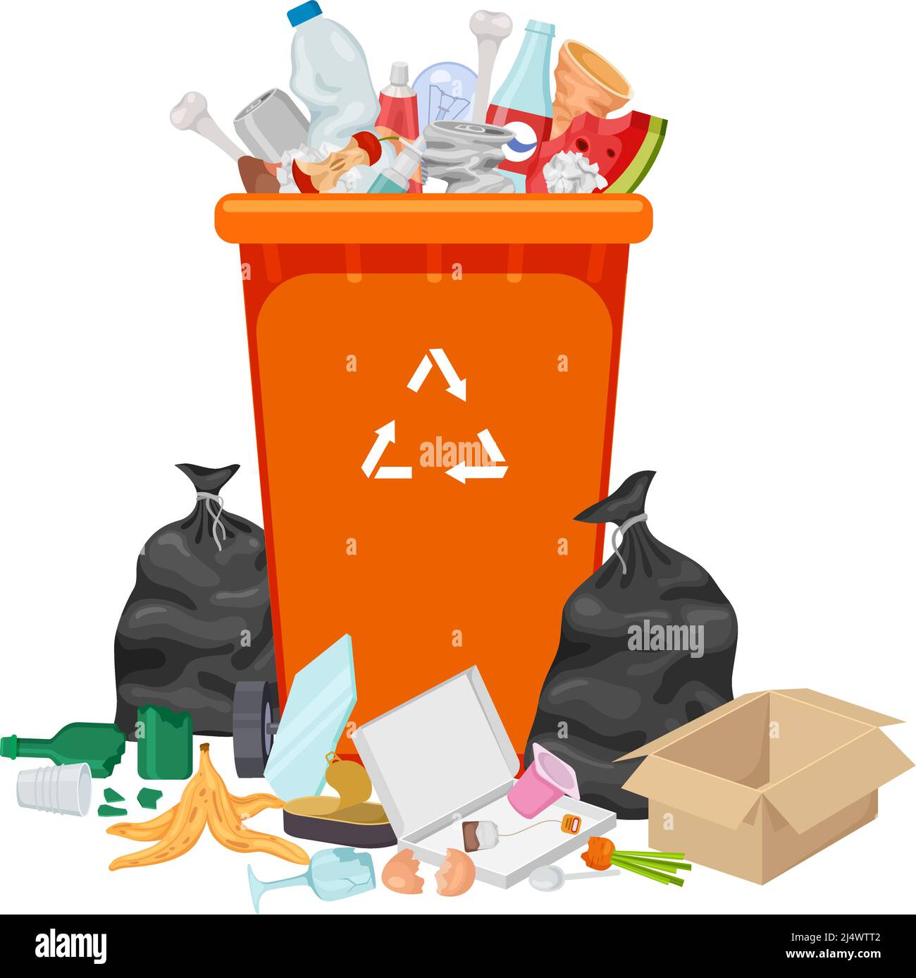 Garbage waste. Closeup dustbin, dirty garbage in container. Cartoon full rubbish bin. Isolated organic and plastic, metal can and bottles, exact Stock Vector