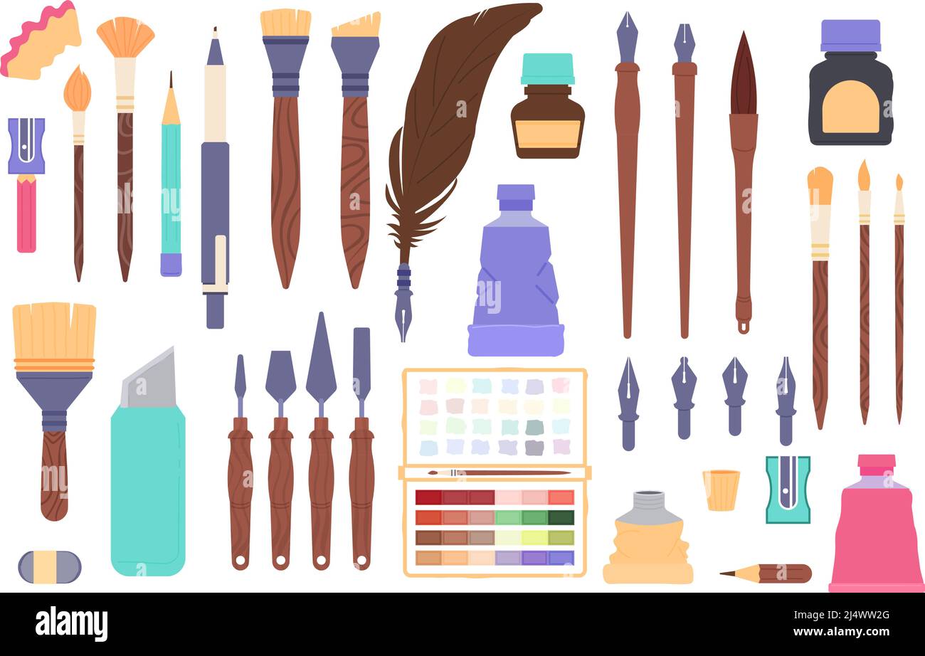Art supplies collection. Painting equipment, craft tools and pen and
