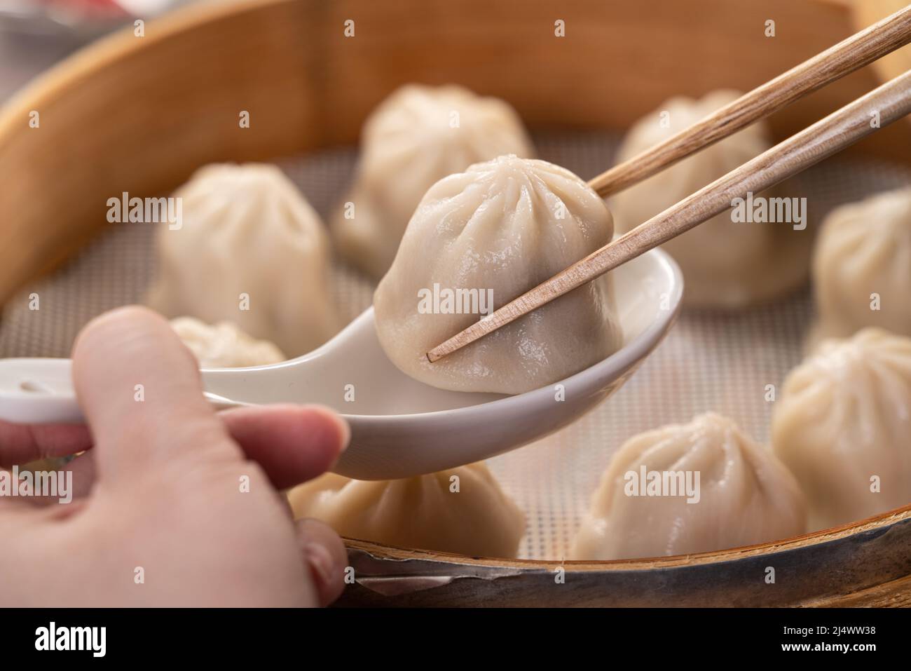 Steamed pork soup dumplings named Xiao long bao xiaolongbao in Taiwan