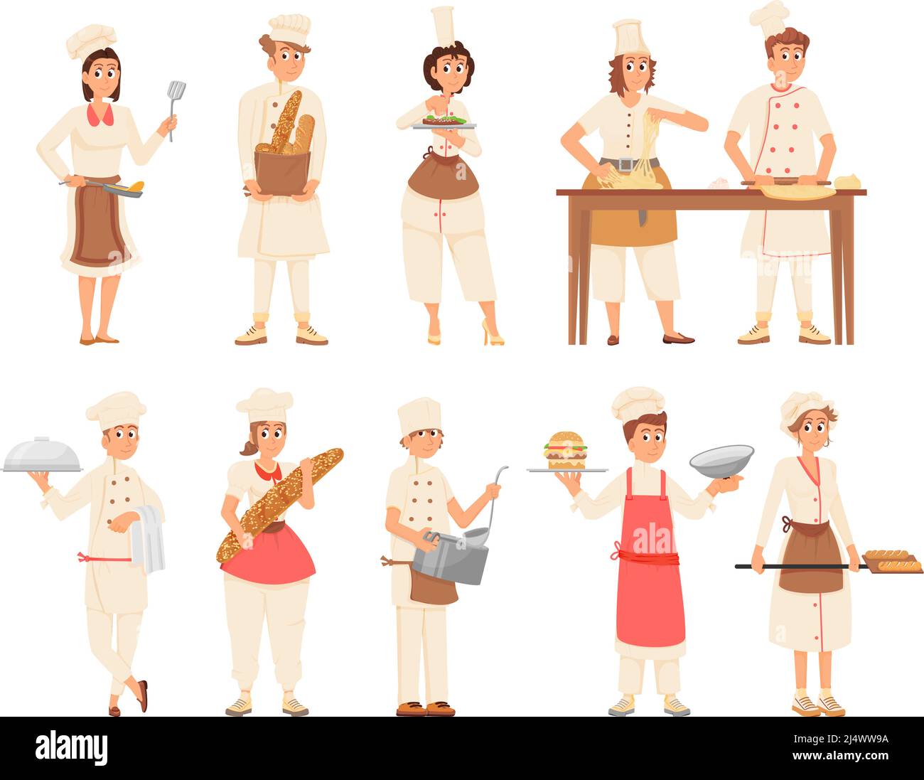 Restaurant team. Catering and waiters staff, isolated cafe workers. Cook in uniform, serving group. Cartoon people with food and fresh bread decent Stock Vector
