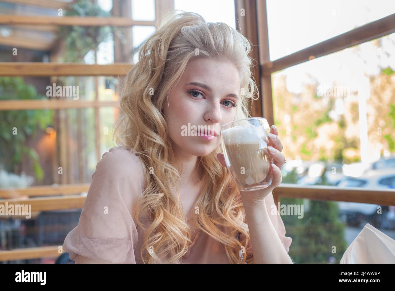 Nice woman drinking cappuccino in cafe Stock Photo