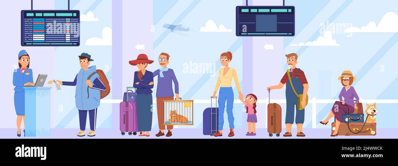 Airport check in queue. Departure area waiting line, people with luggage bags and backpack. Cartoon characters going to boarding gate decent vector Stock Vector