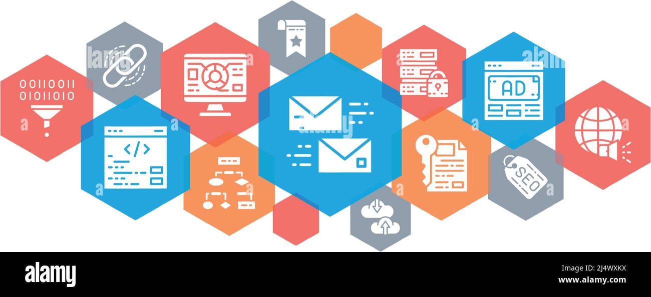 SEO web banner. Bookmark, Hosting, Hyperlink, Advertisement, Data Transfer vector horizontal line icons illustration. Stock Vector