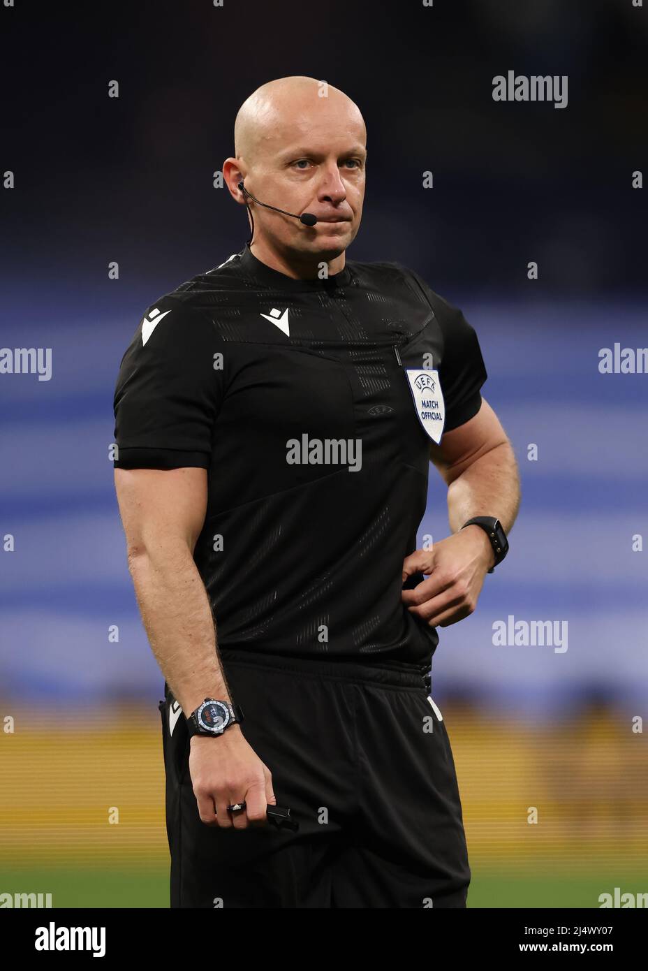 Madrid, Spain, 12th April 2022. The referee Szymon Marciniak of Poland reacts during the UEFA Champions League match at the Bernabeu, Madrid. Picture credit should read: Jonathan Moscrop / Sportimage Stock Photo
