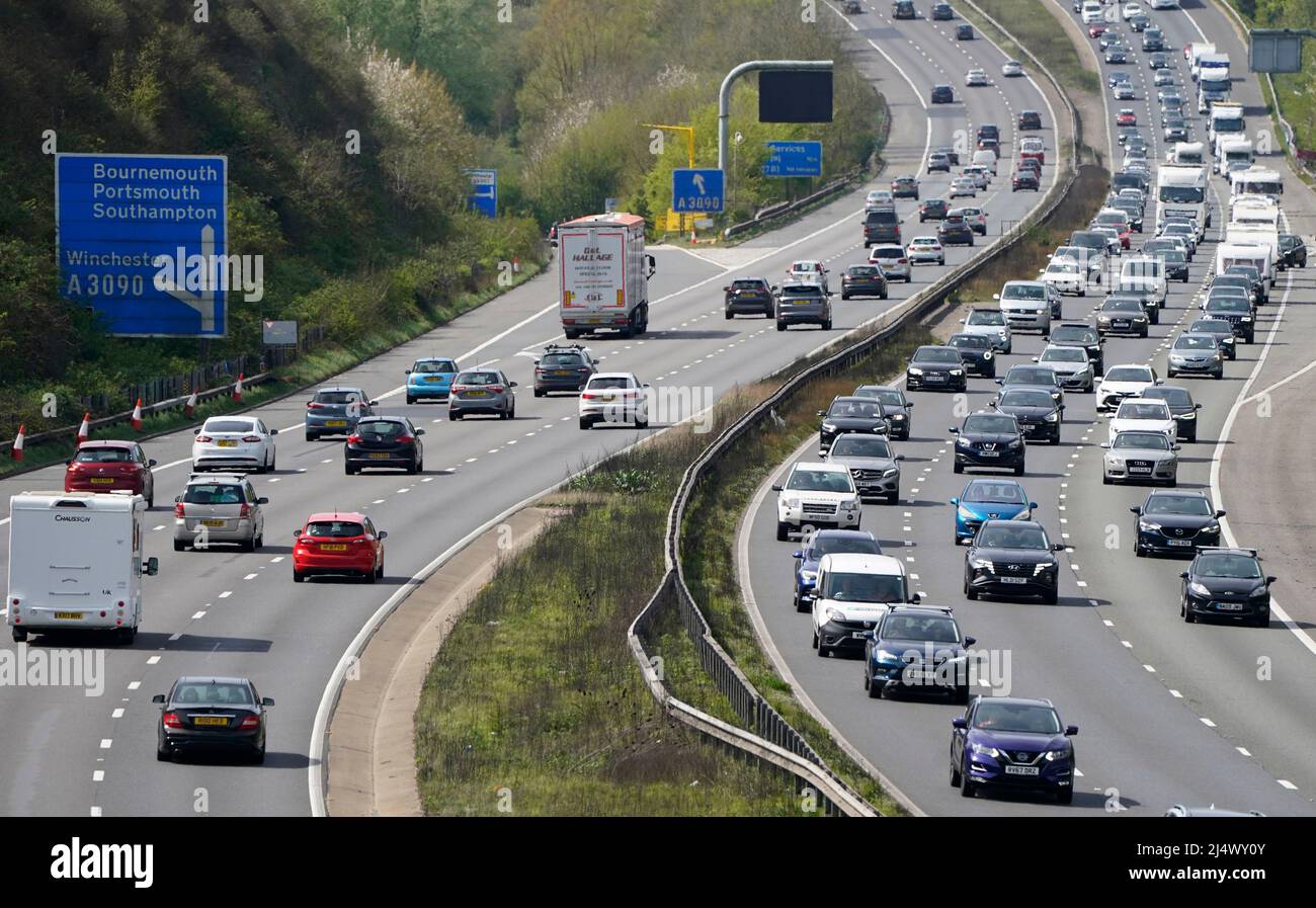Slow moving traffic on the M3 motorway near Winchester in Hampshire