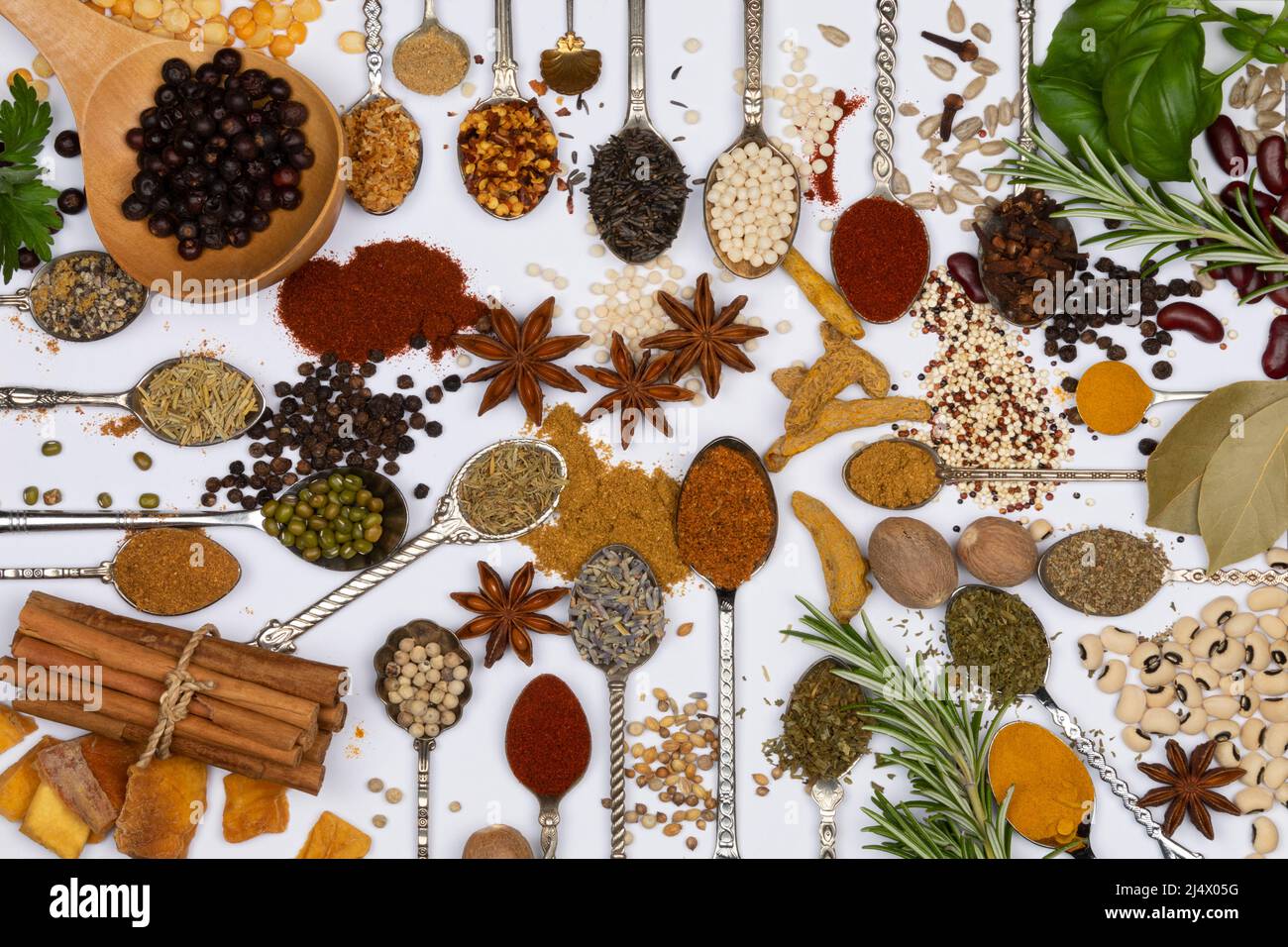 Selection of herbs and cooking spices used to add flavor and seasoning ...