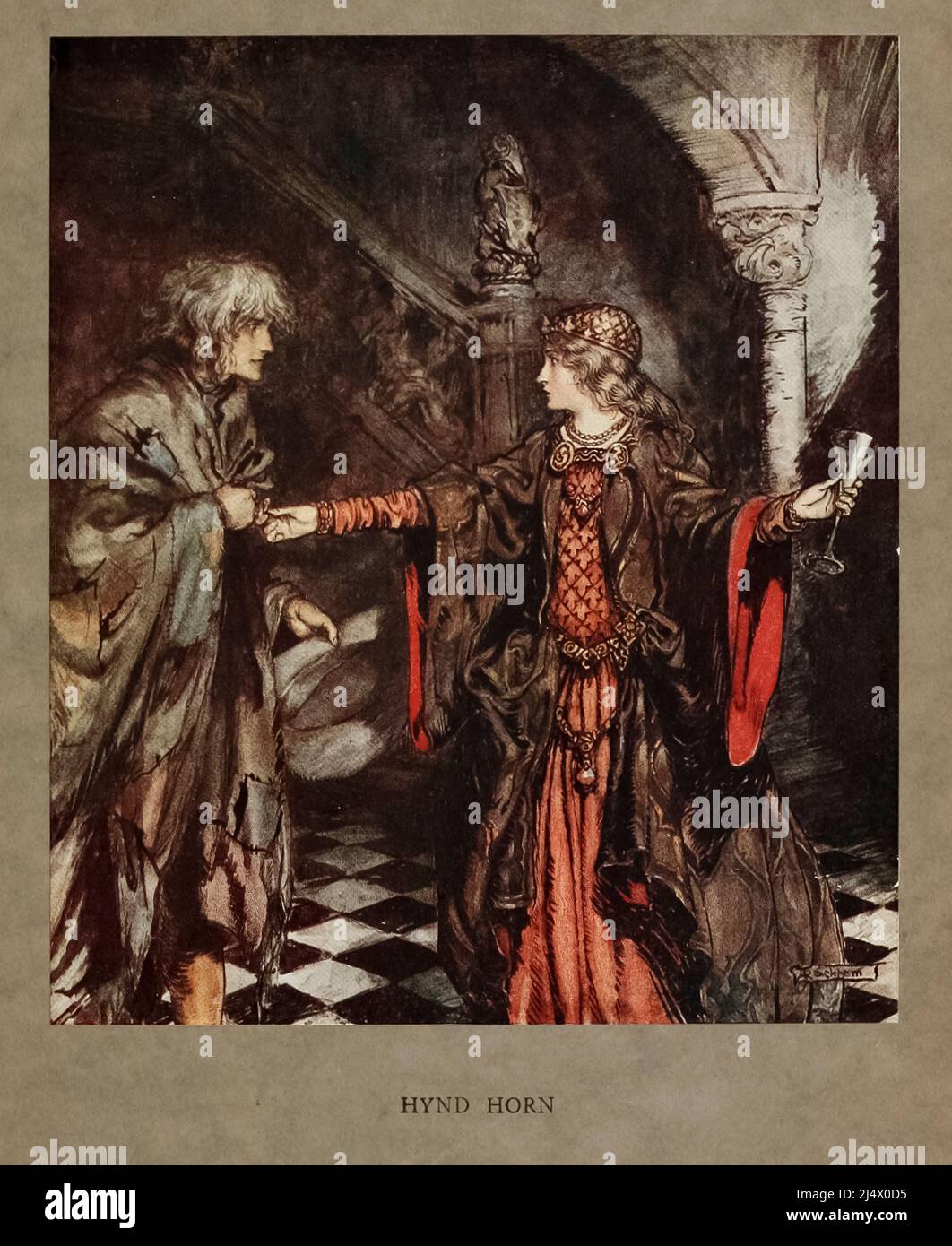 A Beggar at the back door From the Ballad ' Hind Horn Here as Hynd Horn  '  that appeared in the book ' Some British ballads ' illustrated by Arthur Rackham, Publisher New York : Dodd, Mead 1919 Hind Horn and the king's daughter Jean fall in love. He gives her a silver wand, and she gives him a diamond ring and tells him when the stones grow pale, he has lost her love. One day, on his travels, he sees it growing pale and sets out for her father's castle. A beggar tells him that the king's daughter is going to marry, and he persuades him to trade clothing. Hind Horn gets to the castle and begs Stock Photo