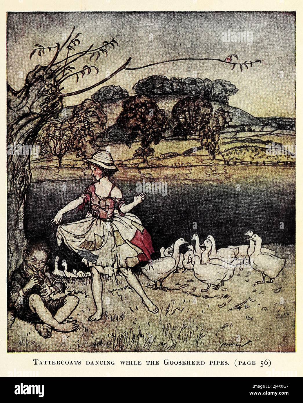 Tattercoats dancing while the goosherd pipes, from the book ' English Fairy Tales ' retold by Flora Annie Steel, Webster, illustrated by Arthur Rackham, Publisher New York, The Macmillan company 1918 Stock Photo