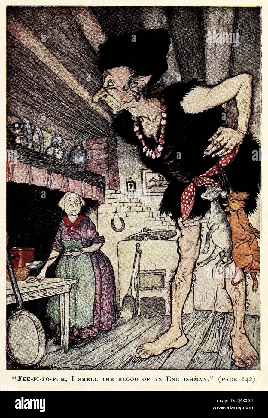 Fee-Fi-Fo-Fum, I smell the blood of an Englishman from ' Jack and the Beanstalk ' from the book ' English Fairy Tales ' retold by Flora Annie Steel, Webster, illustrated by Arthur Rackham, Publisher New York, The Macmillan company 1918 Stock Photo